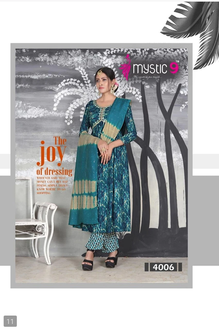 Mystic9 Pooja Vol 4 Heavy Rayon Foil Print Wholesale Readymade Salwar Suit Catalog — Wholesale Salwar Suits, MPA wholesale from Surat — view 2